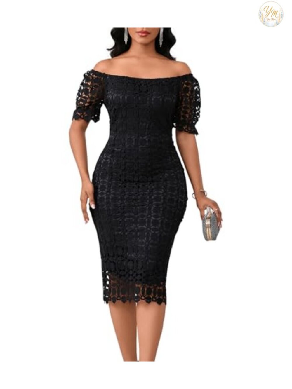 Floral Lace Off Shoulder Short Sleeve Bodycon Midi Dress Formal Evening Gown